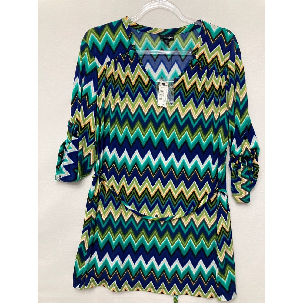 NWT East 5th Tunic Size XL Blue Green Chevron Zigzag Roll Tab Sleeve V-Neck
